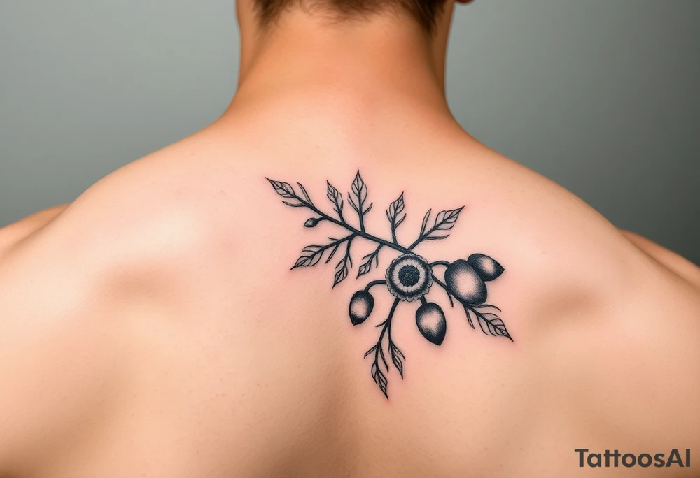 colored tattoo on the shoulder with the image of an oak branch and poppy seeds tattoo idea