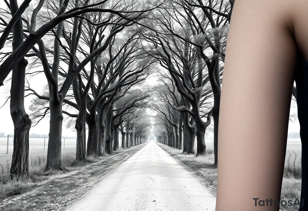 Tree-lined dirt road. Road is rough, little shoulder. Deciduous trees arch across it, meeting in the middle. 

Road should be rougher, more rural. Branches start lower. The trees in the foreground should be bigger — perspective has road getting smaller. tattoo idea
