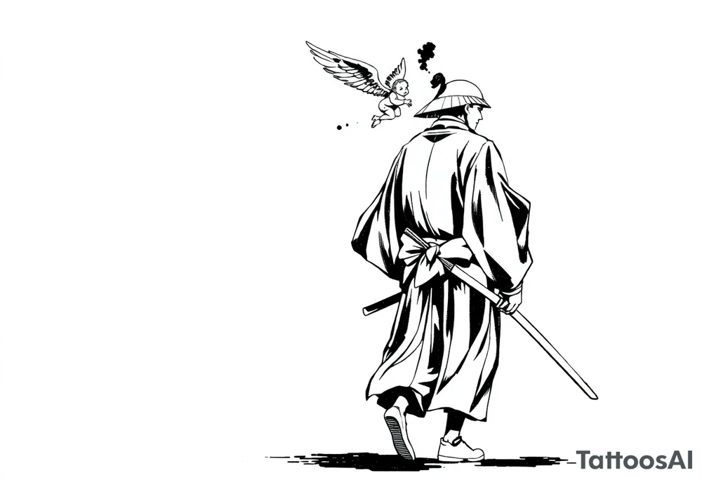 A solemn Japanese samurai (or ronin) in traditional hakama and kimono, walking in profile view. A small winged cherub or angel is floating behind him, reaching out with its hand towards his back. Black and white ink sketch, high contrast, monochrome, manga style, clean lines, dynamic composition, with ink splatter details on a white background. --ar 1:1 tattoo idea