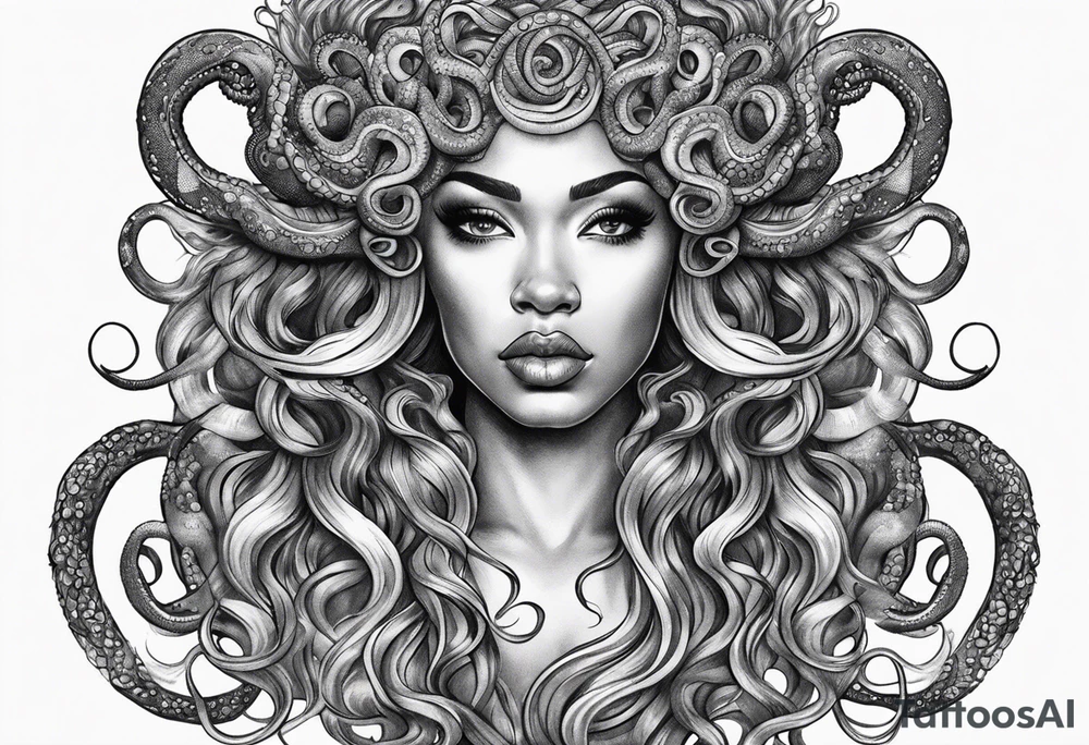 Black woman Medusa tattoo with a beautiful face only showing from the nose up. Octopus tentacles for hair tattoo idea