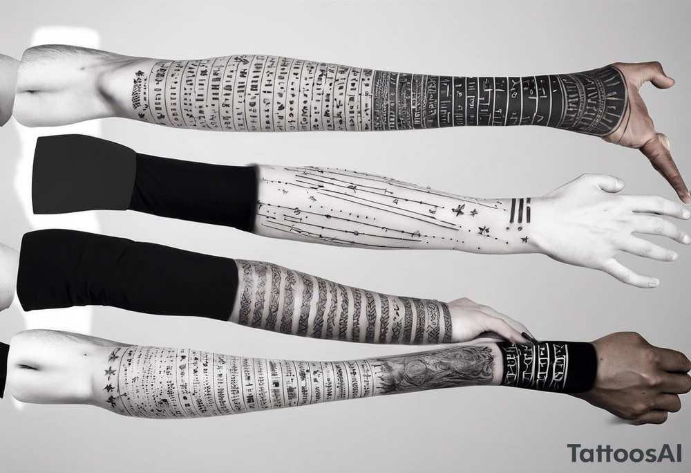 men’s arm sleeve, 1/18 and 8/31 roman numeral small print tattoo idea
