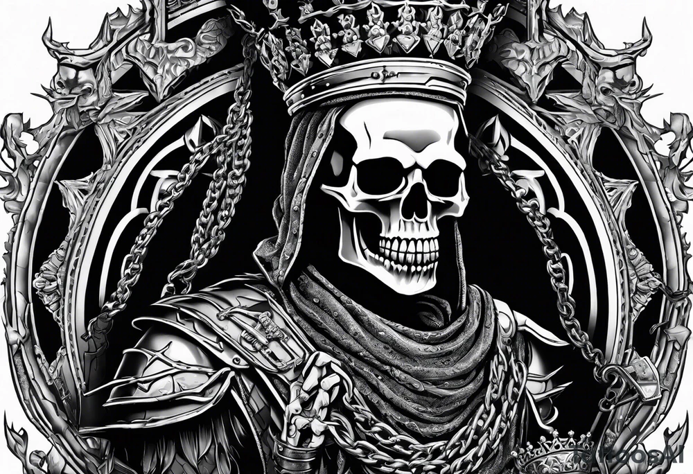 image of a skeleton standing frontally with a crown on his head, holding an AK-47 on his shoulder with his right hand. The chain on the left should be taut, there are three angry barking Dobermans in it, near the waist tattoo idea