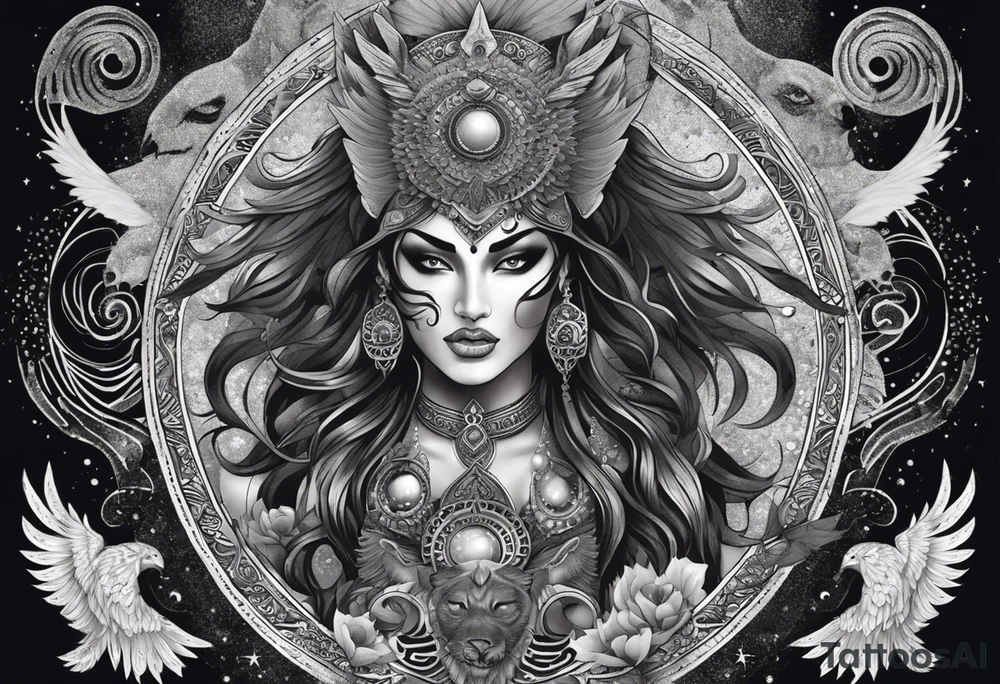 black kali, goddess pirate, alien, angel, pachamama, valkrye, warrior, flying, skull, lotus azul, wing, eagle, zenza resonance, stars, 5D, anahata chakra, death, durga, riding on a tiger, flying lady, kundalini, chest tatoo, samuri, rebel,serpent tattoo idea