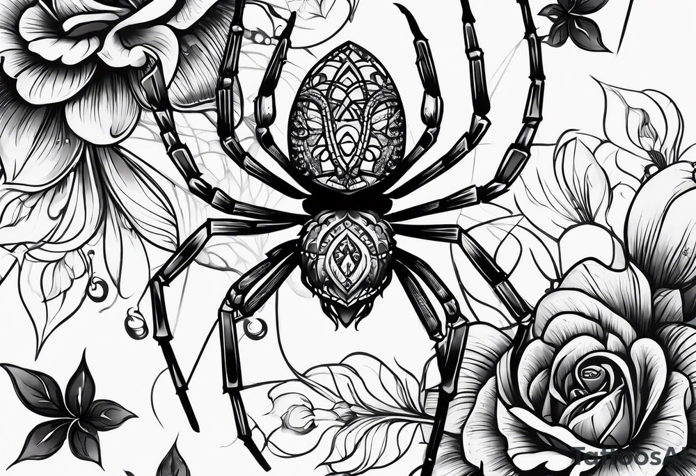 Spiders and black flowers tattoo idea