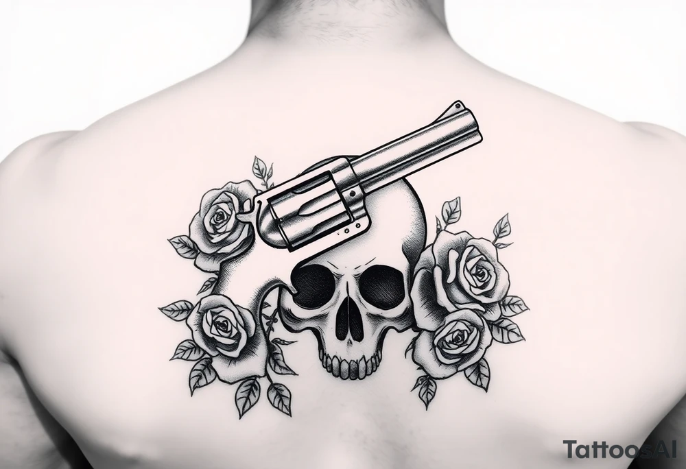 A vintage revolver intertwined with thorny roses, beneath a skull's shadow. tattoo idea