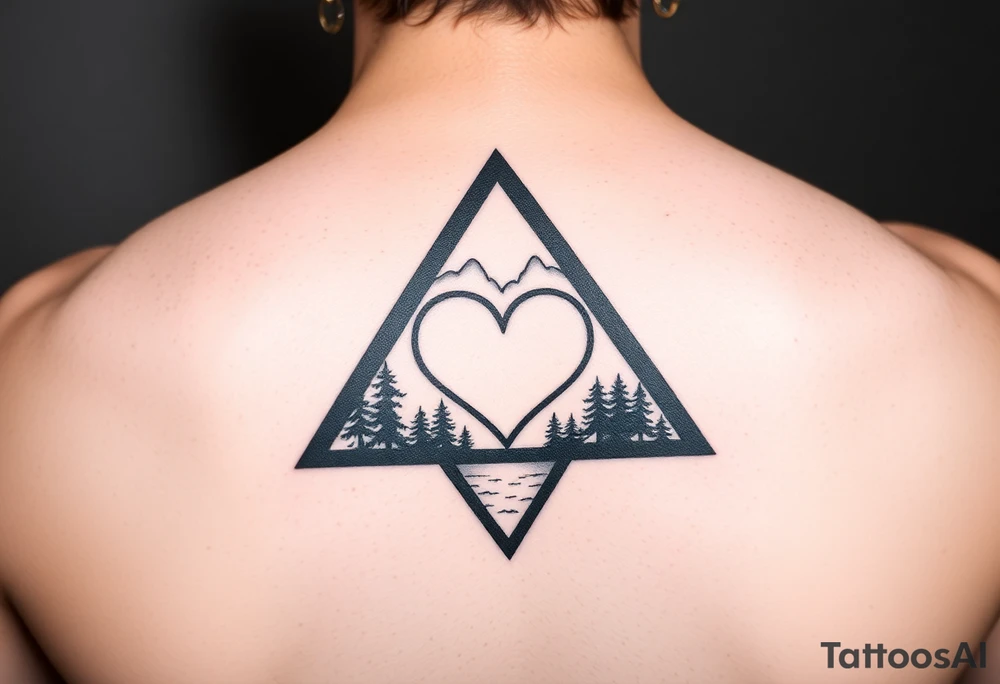 A triangle with a heart in the center and a nature scene in background tattoo idea