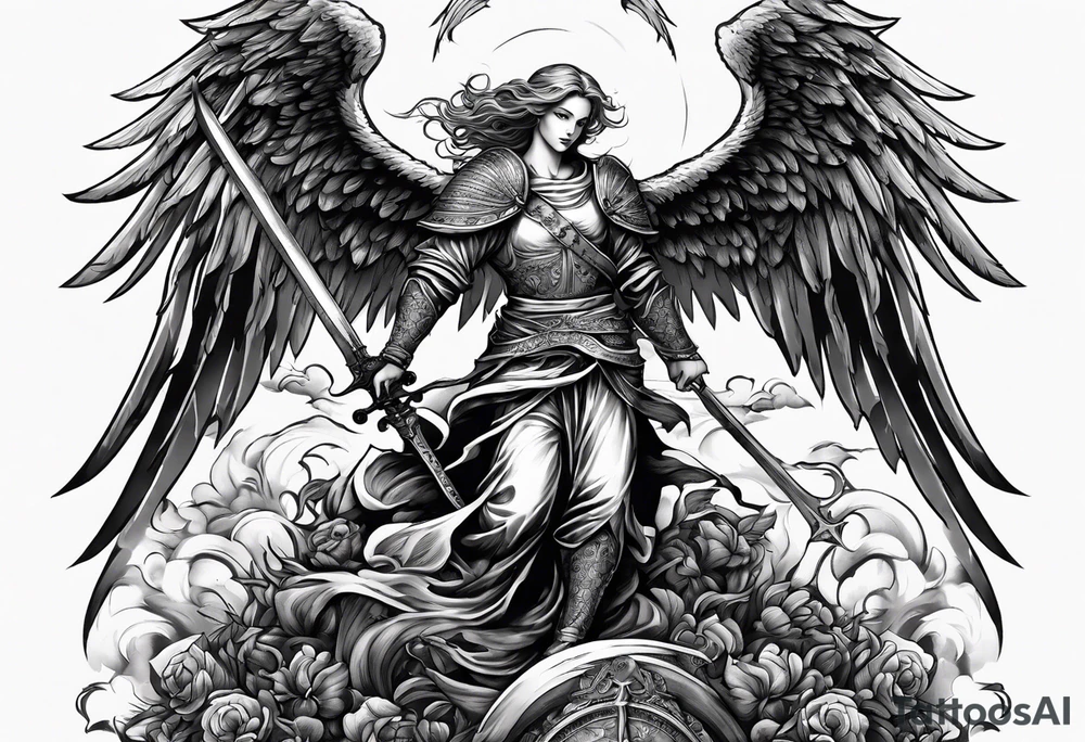 Angel with long sword on a pile of dead demons in etchwork style tattoo idea