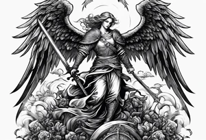 Angel with long sword on a pile of dead demons in etchwork style tattoo idea
