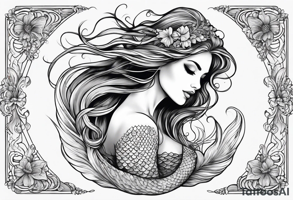 sexy full bodied mermaid with flowing tail and hair, tattoo sleeve tattoo idea