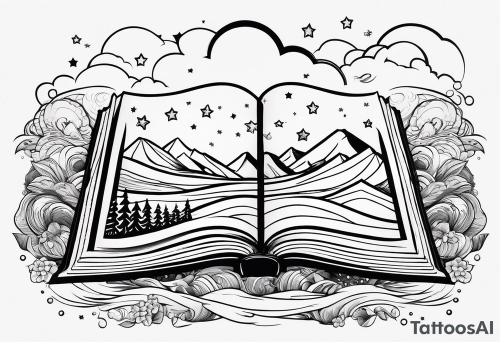 Open book with stars and mountains in a cartoon minimalistic design. Incorporate sushi rolls subtly tattoo idea