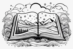 Open book with stars and mountains in a cartoon minimalistic design. Incorporate sushi rolls subtly tattoo idea