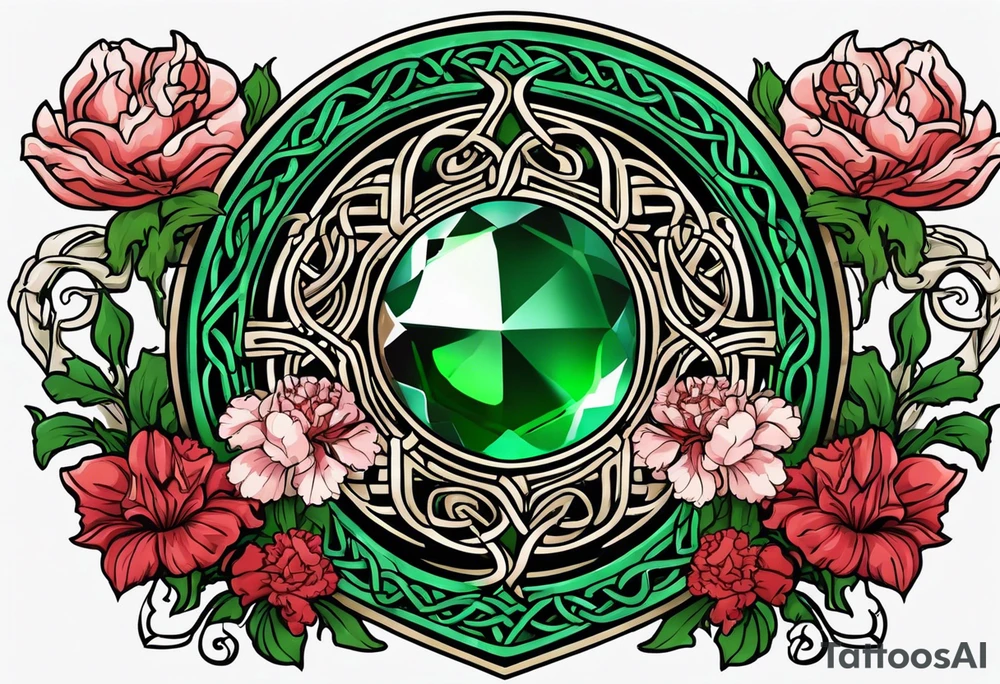 Irish Celtic symbol of love wedding ring with an Emrald green gem in the middle of the heart with a bundle of carnations, leaves, and narcissus coming out of the hands. tattoo idea