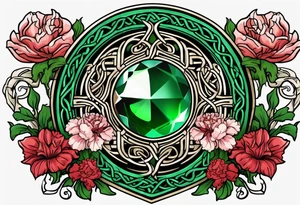 Irish Celtic symbol of love wedding ring with an Emrald green gem in the middle of the heart with a bundle of carnations, leaves, and narcissus coming out of the hands. tattoo idea