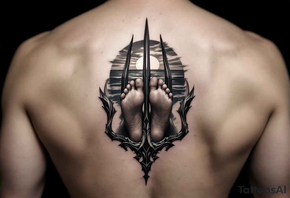 barefeet behind trident with water and sunset tattoo idea