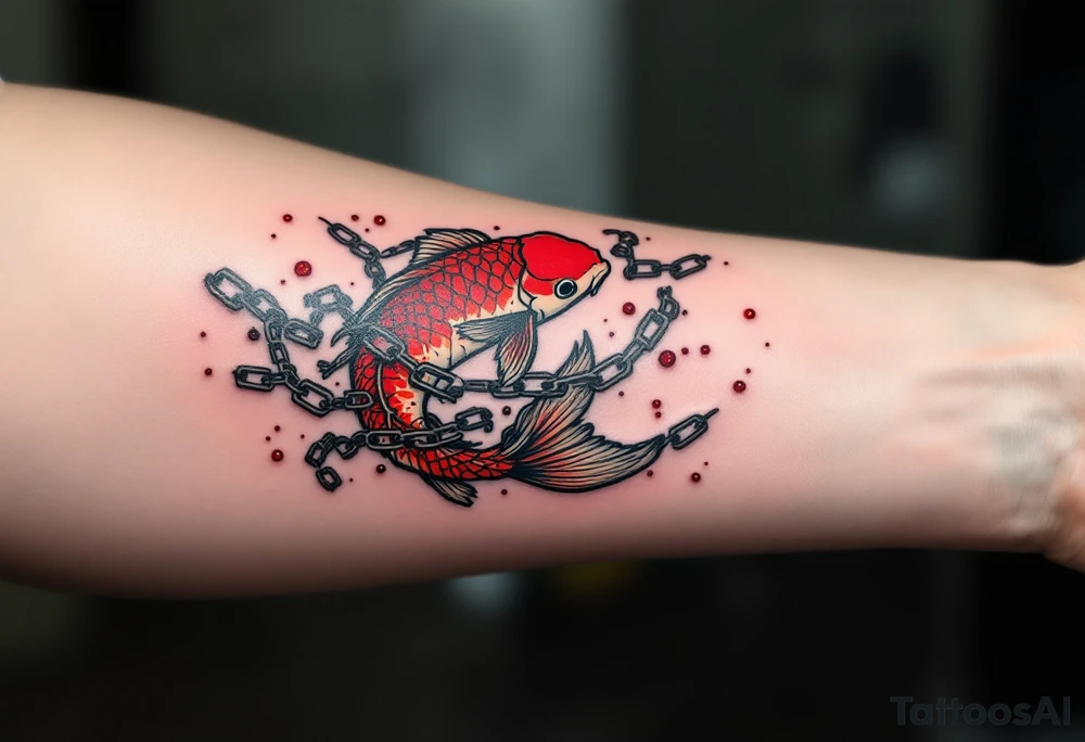 Crimson Koi with Broken Chains – A deep red koi swimming past broken silver chains, symbolizing freedom and breaking personal limits. tattoo idea