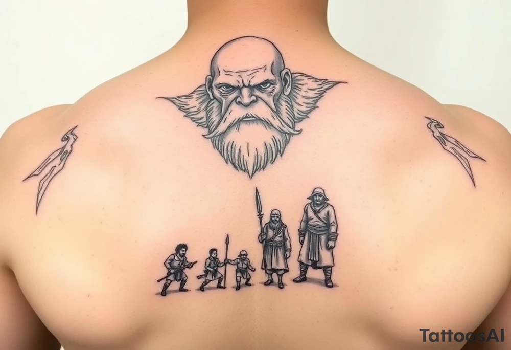 A giant with miniature men as slaves tattoo idea