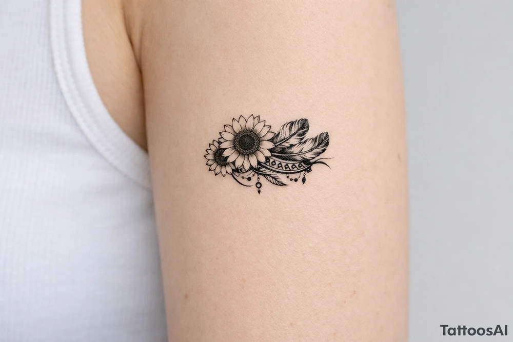 sunflowers with feathers and female Indian tribal ribbon tattoo idea