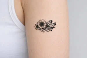 sunflowers with feathers and female Indian tribal ribbon tattoo idea