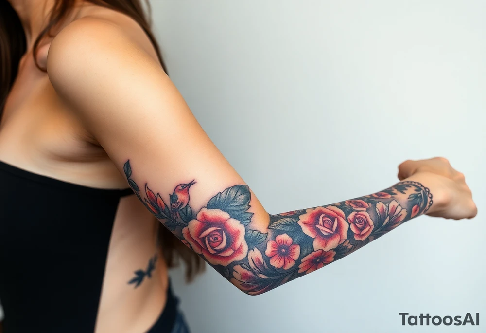 Motorcycle, red bird flying, roses and lace, flames tattoo idea