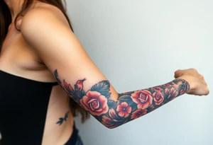 Motorcycle, red bird flying, roses and lace, flames tattoo idea