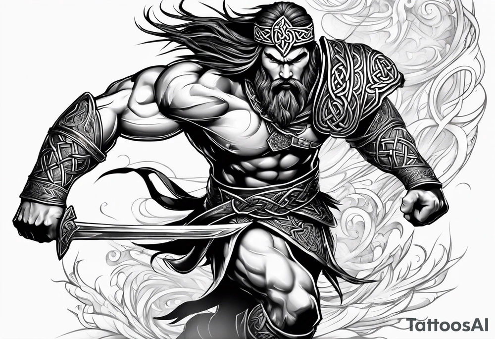 Full body side profile of Celtic warrior running into battle tattoo idea