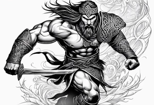 Full body side profile of Celtic warrior running into battle tattoo idea