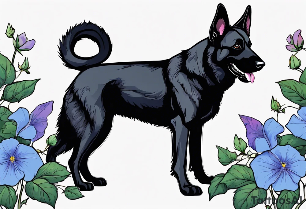 Black German shepherd portrait brightly colored with morning glories tattoo idea