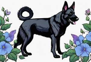 Black German shepherd portrait brightly colored with morning glories tattoo idea