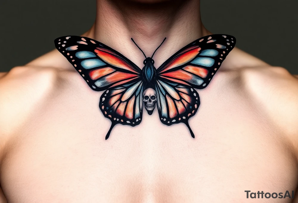 powerful majestic and dark monarch butterfly with skull detail as the body hidden skulls in wings, skull detail making the body of the butterfly with a horror style effect, including blue, red and white colouring
placement on chest at collarbone tattoo idea