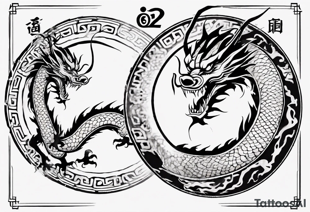 Chinese dragon in a circular shape with "02.03" written on its skin tattoo idea