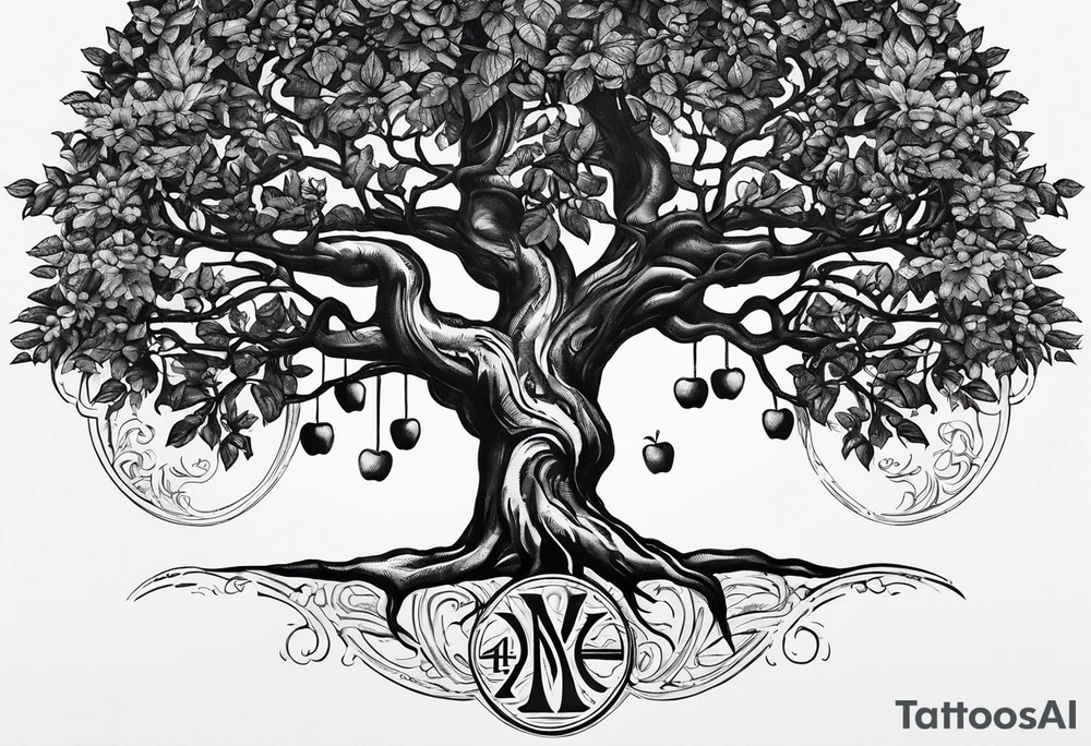 the roman numeral 4 surrounded by a tree of life. a small apple in the tree.  the roots of the tree have a roman numeral 1, 2 and 3 within them. its a tattoo for my left shoulder. tattoo idea
