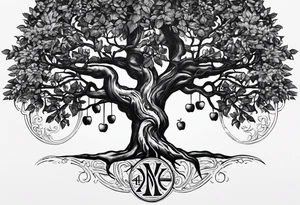 the roman numeral 4 surrounded by a tree of life. a small apple in the tree.  the roots of the tree have a roman numeral 1, 2 and 3 within them. its a tattoo for my left shoulder. tattoo idea