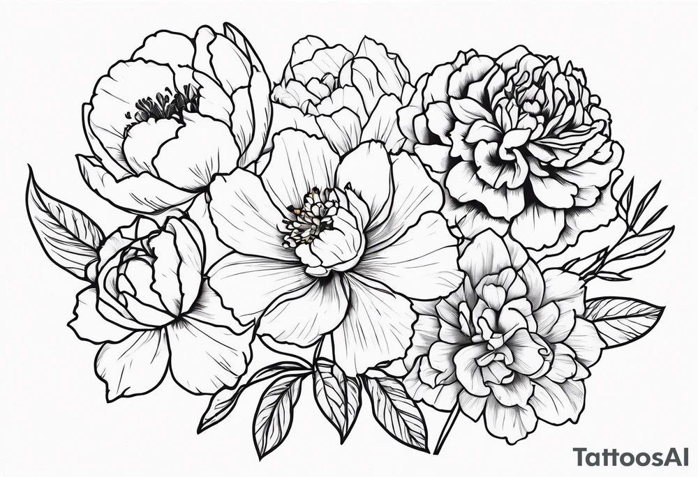 peony, carnation, daffodil, daphne, dahlia, desiree, daisy and rose tattoo idea