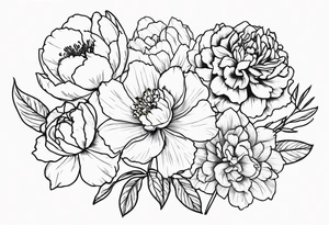 peony, carnation, daffodil, daphne, dahlia, desiree, daisy and rose tattoo idea