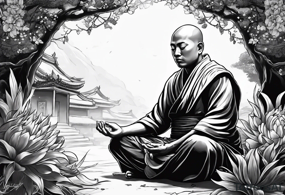 A monk sitting crossed legged on the ground, eyes closed a master meditator enlightened being tattoo idea