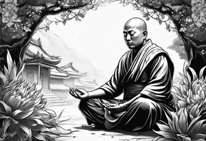 A monk sitting crossed legged on the ground, eyes closed a master meditator enlightened being tattoo idea