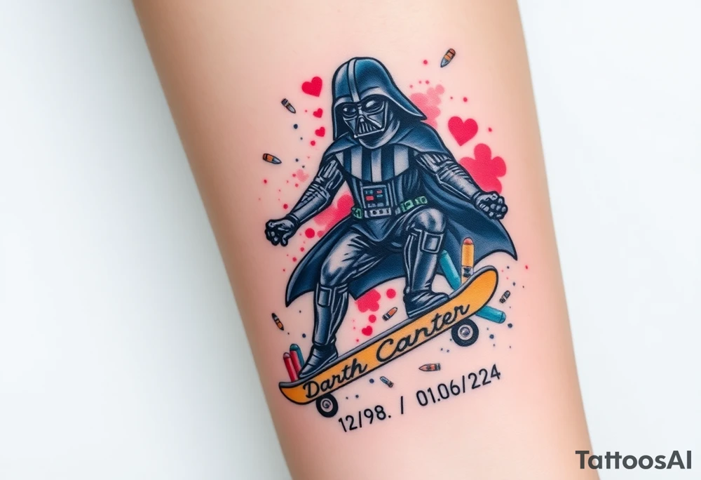 Darth Vader skateboarding > bullets > in loving memory > colors
add words "Darth Carter" to skateboard
add date 12/29/88-01/06/24 tattoo idea