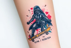 Darth Vader skateboarding > bullets > in loving memory > colors
add words "Darth Carter" to skateboard
add date 12/29/88-01/06/24 tattoo idea