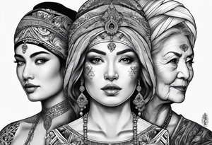 three person side by side. a really young Daughter on the left, mother in the middle, really old grandmother on the right. greater age difference tattoo idea