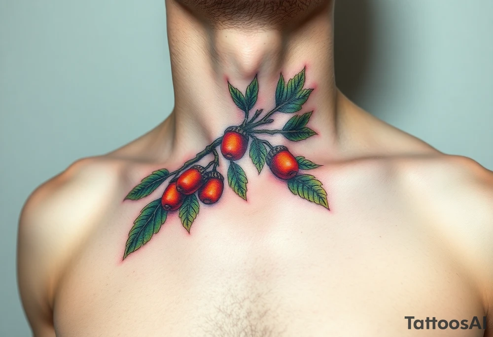 on the chest an oak branch with thick leaves and acorns oak branch with thick leaves and acorns tattoo idea