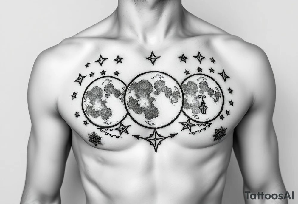 Breast plate and upper abs tattoo moons and stars cartoony tattoo idea