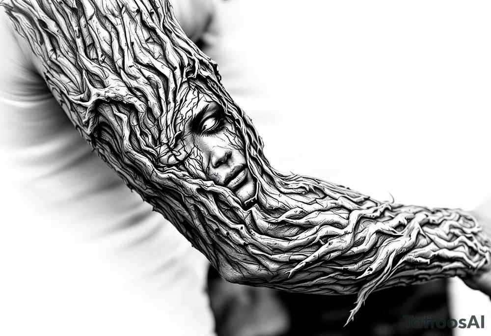 Entire arm tattooed like tree bark with face carved into it tattoo idea