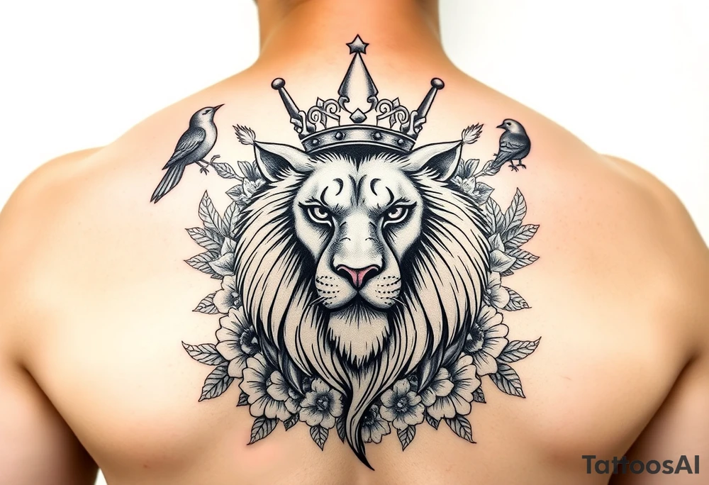 powerful majestic lion with a crown, surrounded by floral ornaments and birds tattoo idea