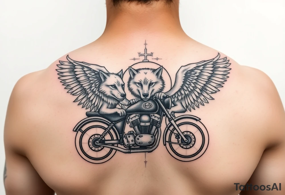 guardian angel wolves on a motorcycle tattoo idea