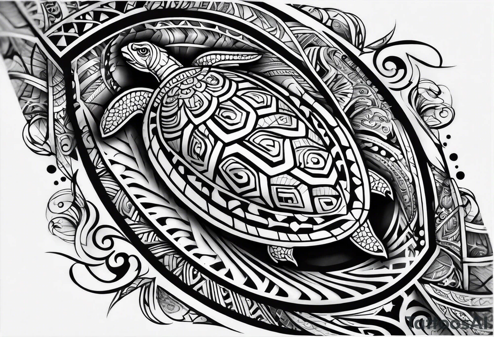 Full Polynesian tribal sleeve with turtle on top on arm tattoo idea