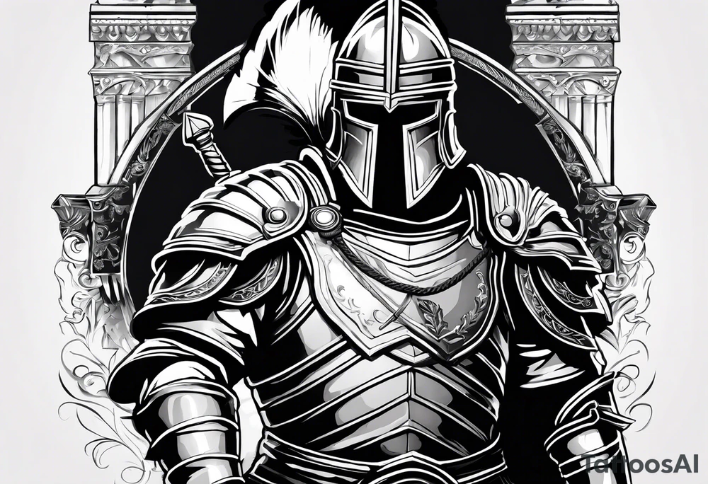 a black and white illustration of a roman soldier from AD 60, wearing armor which must include an armoured belt, breastplate, armoured shoes, shield, helmet and sword.
the soldier must look strong. the soldier is faceless. tattoo idea