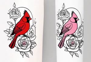 memorial forearm tattoo incorporating roses, a breast cancer ribbon and a cardinal into the tattoo tattoo idea