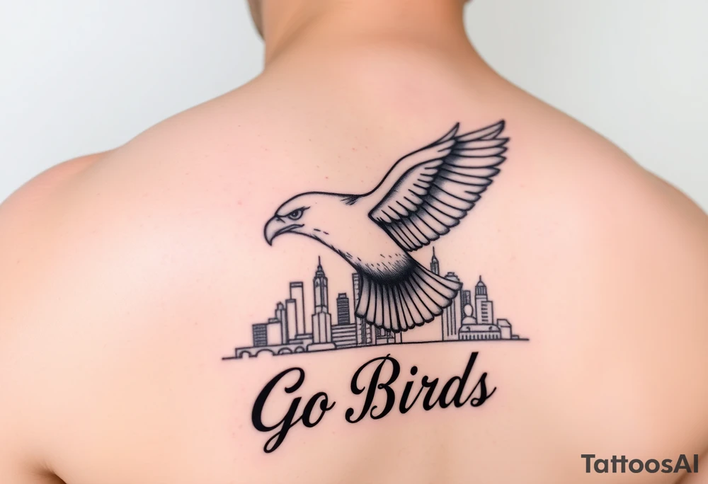 Tattoo On upper bicep 
Philadelphia Eagle classic bird flying over Philadelphia city skyline with the words Go Birds under it tattoo idea