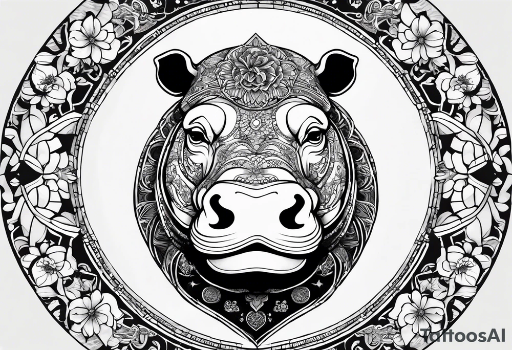 Very asymmetrical, +geometric pattern, with realistic full moon, with seeious looking hippo, +zen feel, + Buddhism touch,
with wintersweet flower bud, +portrait orientation, +inkart touch, tattoo idea