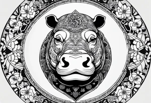Very asymmetrical, +geometric pattern, with realistic full moon, with seeious looking hippo, +zen feel, + Buddhism touch,
with wintersweet flower bud, +portrait orientation, +inkart touch, tattoo idea